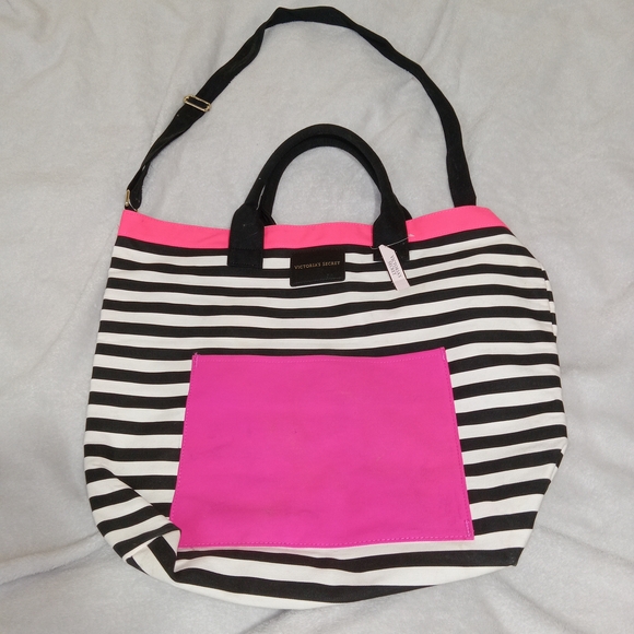 Victoria's Secret Handbags - Victoria's Secret Black and Pink Striped Tote Bag NWT Vibrant-copy